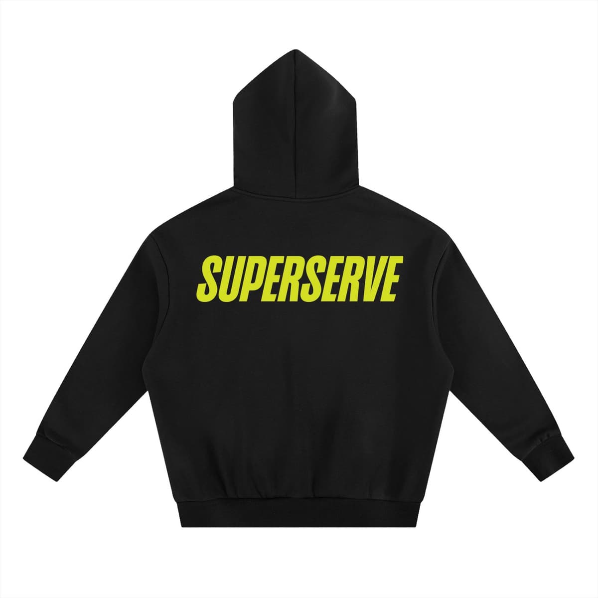 Back view of the black SuperServe hoodie with SuperServe graphic print.