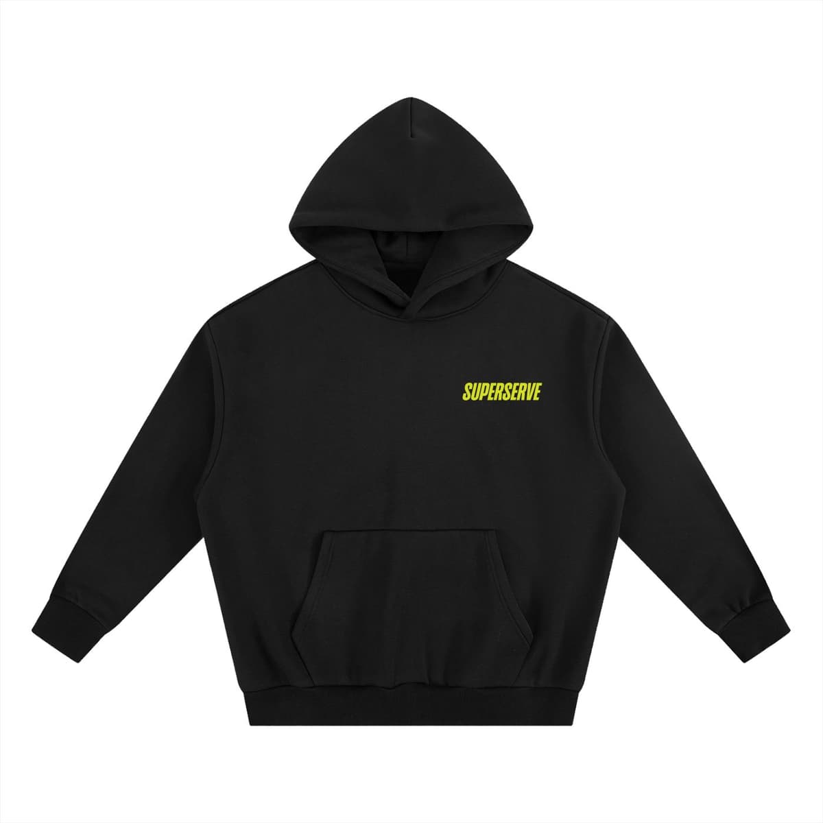 Front view of the black SuperServe hoodie.